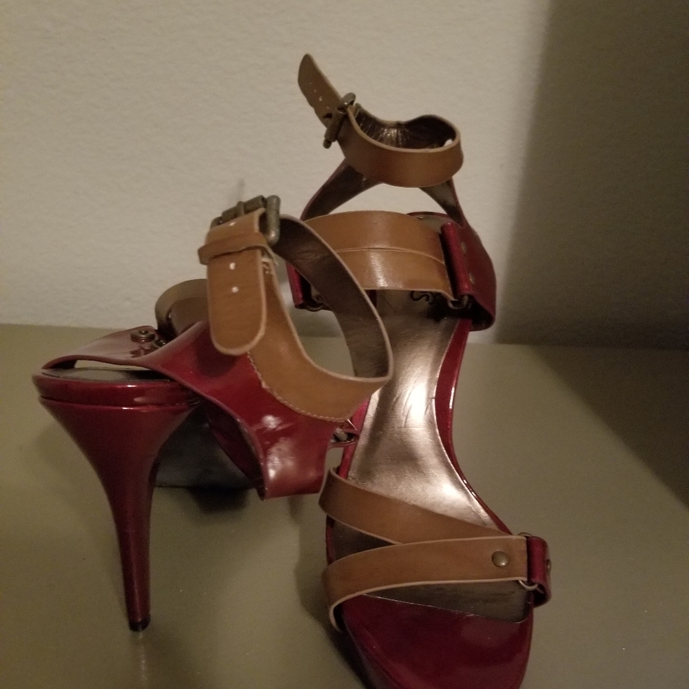 Burgundy and tan heels